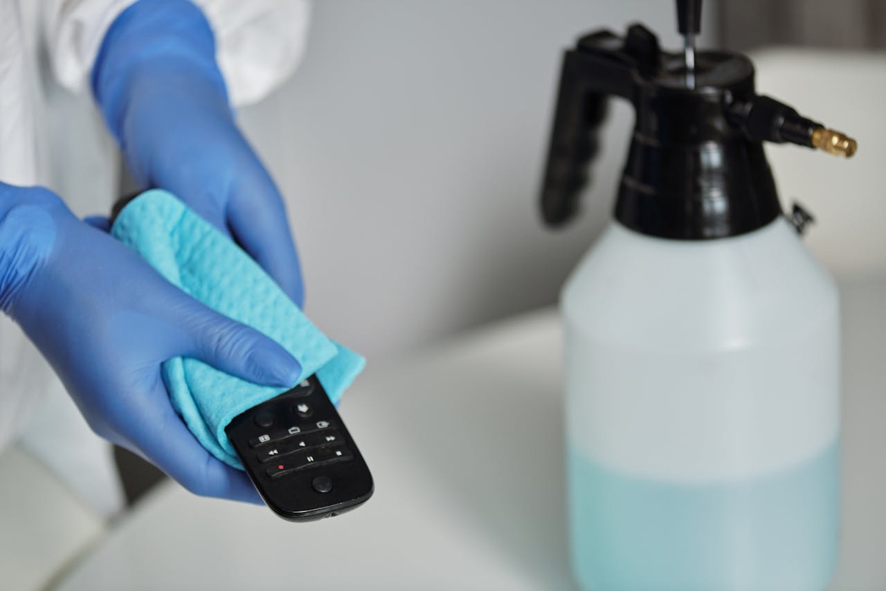 services-04 Close-up of gloved hands disinfecting a remote control with a cloth and spray bottle.